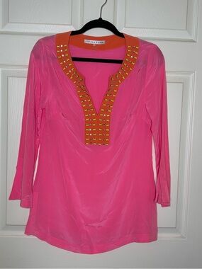 Trina Turk Silk Hot Pink Tunic with Bling Studded Orange Trim